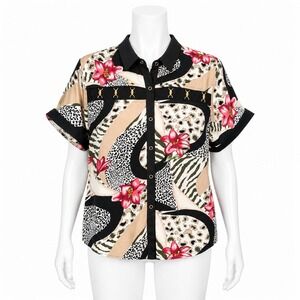 Cache Button Down Shirt Women Medium Multicolor Animal Print Floral Gold Accents